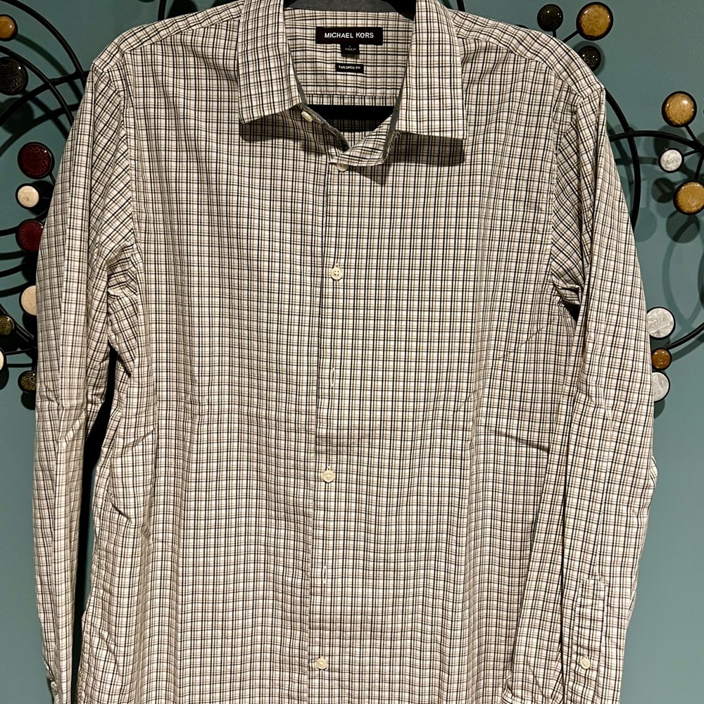 Michael Kors Men's Green/Black/Sunflower Yellow/Cream Checkered Shirt, Large